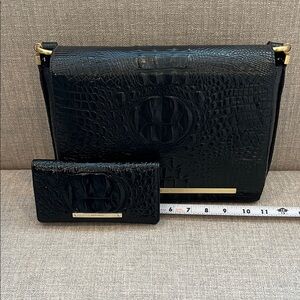 Brahmin Black Embossed Bag with Gold Hardware + Ady Wallet